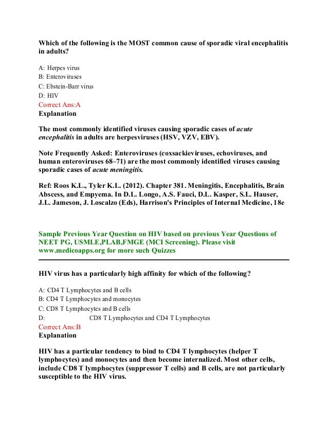 Hiv aids sample questions based on neet pg , usmle, plab and fmge pat…