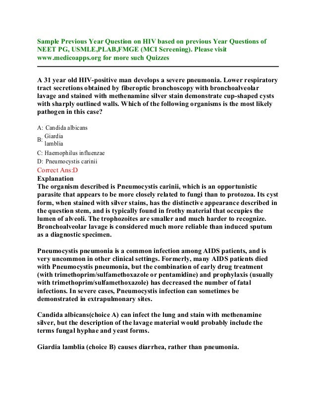 Hiv aids sample questions based on neet pg , usmle, plab and fmge pat…