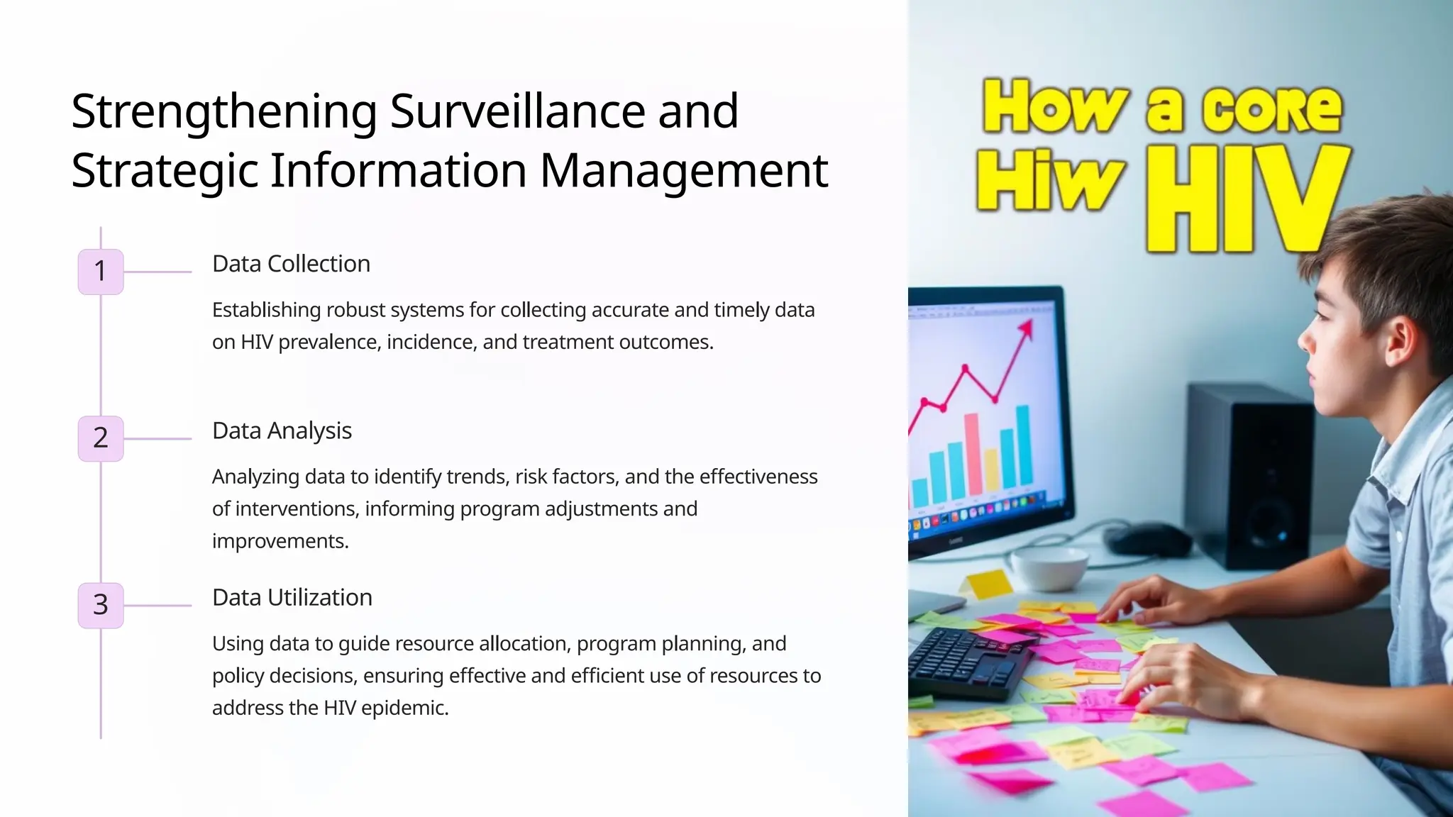 Strengthening Surveillance and
Strategic Information Management
1 Data Collection
Establishing robust systems for collecting accurate and timely data
on HIV prevalence, incidence, and treatment outcomes.
2 Data Analysis
Analyzing data to identify trends, risk factors, and the effectiveness
of interventions, informing program adjustments and
improvements.
3 Data Utilization
Using data to guide resource allocation, program planning, and
policy decisions, ensuring effective and efficient use of resources to
address the HIV epidemic.
 