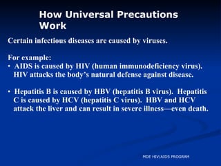 How Universal Precautions  Work <ul><li>Certain infectious diseases are caused by viruses. </li></ul><ul><li>For example: ...