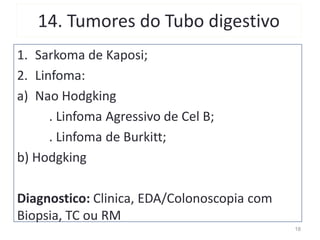 14. Tumores do Tubo digestivo
1. Sarkoma de Kaposi;
2. Linfoma:
a) Nao Hodgking
. Linfoma Agressivo de Cel B;
. Linfoma de Burkitt;
b) Hodgking
Diagnostico: Clinica, EDA/Colonoscopia com
Biopsia, TC ou RM
18
 