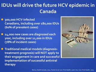 IDUs will drive the future HCV epidemic in
Canada
 300,000 HCV-infected
Canadians, including over 180,000 IDUs
(60% of prevalent cases)
 14,000 new cases are diagnosed each
year, including over 11,000 in IDUs
(78% of incident cases)
 Traditional medical models (diagnosis-
treatment-prognosis) will NOT apply to
their engagement in care and successful
implementation of successful antiviral
therapy
Remis, Health Canada, 2004. Fischer et al. Can J Pub Health, 2006. Zou.Can J Pub Health, 2003.
 