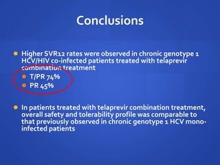 Conclusions
 Higher SVR12 rates were observed in chronic genotype 1
HCV/HIV co-infected patients treated with telaprevir
combination treatment
 T/PR 74%
 PR 45%
 In patients treated with telaprevir combination treatment,
overall safety and tolerability profile was comparable to
that previously observed in chronic genotype 1 HCV mono-
infected patients
 