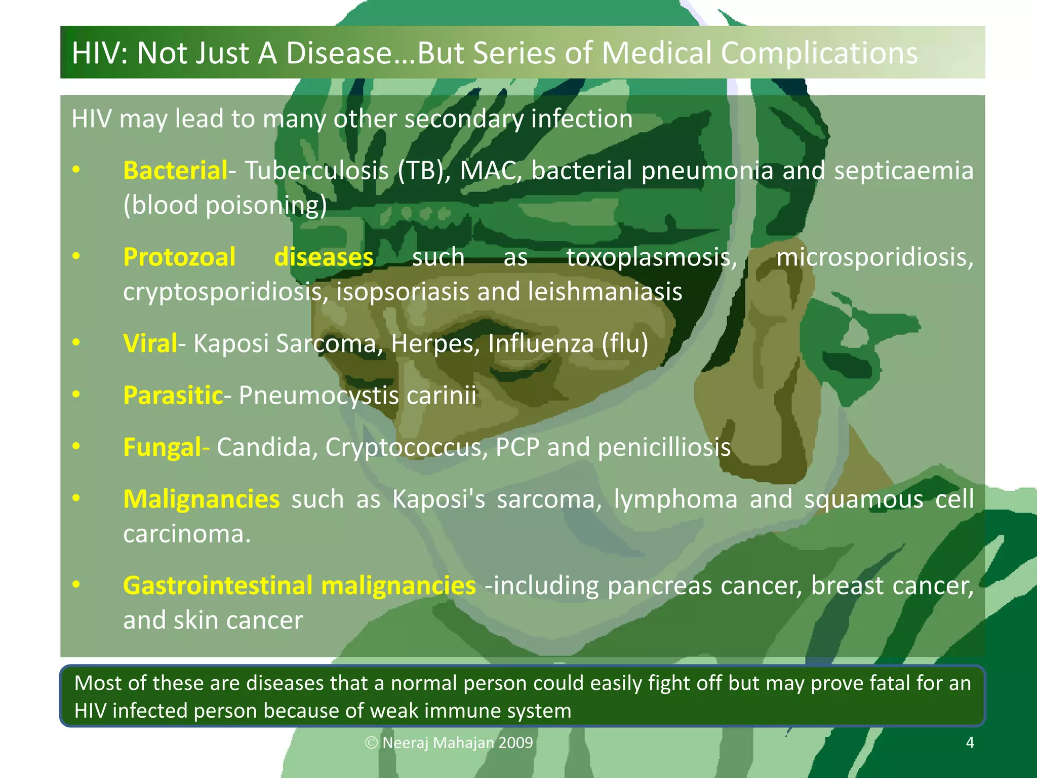 HIV: Not Just A Disease…But Series of Medical Complications
HIV may lead to many other secondary infection
•    Bacterial- Tuberculosis (TB), MAC, bacterial pneumonia and septicaemia
     (blood poisoning)
•    Protozoal diseases such as toxoplasmosis,                             microsporidiosis,
     cryptosporidiosis, isopsoriasis and leishmaniasis
•    Viral- Kaposi Sarcoma, Herpes, Influenza (flu)
•    Parasitic- Pneumocystis carinii
•    Fungal- Candida, Cryptococcus, PCP and penicilliosis
•    Malignancies such as Kaposi's sarcoma, lymphoma and squamous cell
     carcinoma.
•    Gastrointestinal malignancies -including pancreas cancer, breast cancer,
     and skin cancer

Most of these are diseases that a normal person could easily fight off but may prove fatal for an
HIV infected person because of weak immune system
                                 Neeraj Mahajan 2009                                            4
 