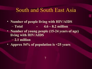 South and South East Asia Number of people living with HIV/AIDS Total    - 4.6 – 8.2 million  Number of young people (15-24 years of age) living with HIV/AIDS 2.1 million  Approx 54% of population is <25 years 7 