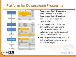 • Parameters shaded in gray are
defined across molecules.
Parameters shaded in yellow
require molecule specific
optimization
• Load and elution conditions for
three of the unit operations
require molecule specific
definition given the heterogeneity
of this class of molecules
• Env antigens structurally sensitive
to hydrophobic surfaces, hence
HIC not employed
 