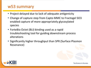 • Project delayed due to lack of adequate antigenicity
• Change of capture step from Capto MMC to Fractogel SO3
enabled capture of more appropriately glycosylated
species
• ForteBio Octet (BLI) binding used as a rapid
troubleshooting tool for guiding downstream process
alterations
• Significantly higher throughput than SPR (Surface Plasmon
Resonance)
 