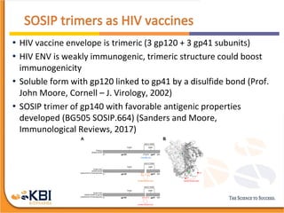• HIV vaccine envelope is trimeric (3 gp120 + 3 gp41 subunits)
• HIV ENV is weakly immunogenic, trimeric structure could boost
immunogenicity
• Soluble form with gp120 linked to gp41 by a disulfide bond (Prof.
John Moore, Cornell – J. Virology, 2002)
• SOSIP trimer of gp140 with favorable antigenic properties
developed (BG505 SOSIP.664) (Sanders and Moore,
Immunological Reviews, 2017)
 