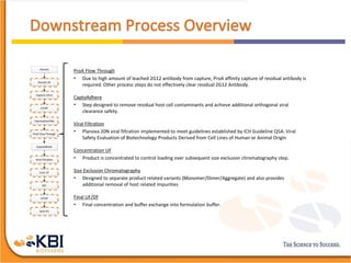 ProA Flow Through
• Due to high amount of leached 2G12 antibody from capture, ProA affinity capture of residual antibody is
required. Other process steps do not effectively clear residual 2G12 Antibody.
CaptoAdhere
• Step designed to remove residual host cell contaminants and achieve additional orthogonal viral
clearance safety.
Viral Filtration
• Planova 20N viral filtration implemented to meet guidelines established by ICH Guideline Q5A: Viral
Safety Evaluation of Biotechnology Products Derived from Cell Lines of Human or Animal Origin
Concentration UF
• Product is concentrated to control loading over subsequent size exclusion chromatography step.
Size Exclusion Chromatography
• Designed to separate product related variants (Monomer/Dimer/Aggregate) and also provides
additional removal of host related impurities
Final UF/DF
• Final concentration and buffer exchange into formulation buffer.
Harvest
Harvest UF
Capture 2G12
UF/DF
Inactivation/Ads
ProA Flow Through
CaptoAdhere
Viral Filtration
Conc UF
SEC
UF/DF
Bulk Fill
 