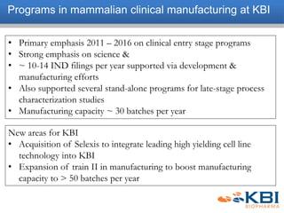 Programs in mammalian clinical manufacturing at KBI
• Primary emphasis 2011 – 2016 on clinical entry stage programs
• Strong emphasis on science &
• ~ 10-14 IND filings per year supported via development &
manufacturing efforts
• Also supported several stand-alone programs for late-stage process
characterization studies
• Manufacturing capacity ~ 30 batches per year
New areas for KBI
• Acquisition of Selexis to integrate leading high yielding cell line
technology into KBI
• Expansion of train II in manufacturing to boost manufacturing
capacity to > 50 batches per year
 