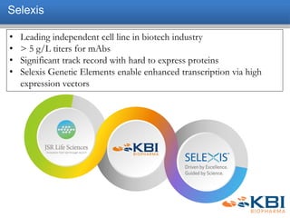 Selexis
• Leading independent cell line in biotech industry
• > 5 g/L titers for mAbs
• Significant track record with hard to express proteins
• Selexis Genetic Elements enable enhanced transcription via high
expression vectors
 