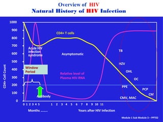 Overview of HIV
                                    Natural History of HIV Infection
                  1000

                   900
                                                          CD4+ T cells
                   800

                   700
                                 Acute HIV
                                 infection                                                                  TB
                   600           syndrome                      Asymptomatic

                   500
                                                                                                            HZV
CD4+ Cell Count




                   400        Window
                              Period                                                                              OHL
                                                              Relative level of
                   300                                        Plasma HIV-RNA                                            OC
                   200                                                                                       PPE
                                                                                                                             PCP
                   100                                                                                                             CM
                                        Antibody                                                            CMV, MAC
                      0
                            0 1 2 3 4 5              1    2    3 4     5    6    7   8   9 10 11

                                 Months ……..                                    Years after HIV Infection
                   National AIDS/STI Prevention and Control   National AIDS/STI Prevention & Control
                   Program                                                   Program                         Module 1 Sub Module 3 – PPT02
                                                                      Department of Health
 