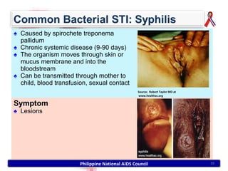 ♠ Caused by spirochete treponema
  pallidum
♠ Chronic systemic disease (9-90 days)
♠ The organism moves through skin or
  mucus membrane and into the
  bloodstream
♠ Can be transmitted through mother to
  child, blood transfusion, sexual contact
                                                   Source: Robert Taylor MD at
                                                   www.healthac.org

Symptom
♠ Lesions




                        Philippine National AIDS Council                         39
 
