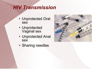 HIV Transmission  Unprotected Oral sex Unprotected Vaginal sex Unprotected Anal sex Sharing needles 