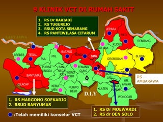 JAWA TIMUR LAUT JAWA D.I.Y BREBES TEGAL PML PKL BATANG KENDAL SMG DEMAK JEPARA PATI KUDUS REMBANG BLORA GROBOGAN SRAGEN KR. ANYAR WONOGIRI SUKO HARJO KLATEN MGL PURWO REJO KEBU MEN CILACAP BANYUMAS PURBA LINGGA BANJ. NEGA RA WONO SOBO KAB SMG TEMANG GUNG BOYO LALI 9 KLINIK VCT DI RUMAH SAKIT RS Dr KARIADI RS TUGUREJO RSUD KOTA SEMARANG RS PANTIWILASA CITARUM RS Dr MOEWARDI RS dr OEN SOLO RS MARGONO SOEKARJO RSUD BANYUMAS RS AMBARAWA :Telah memiliki konselor VCT 