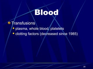 Blood
Transfusions
 plasma,

whole blood, platelets
 clotting factors (decreased since 1985)

28

 