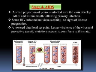 Stage 4- AIDS
 A small proportion of persons infected with the virus develop
AIDS and within month following primary infection.
 Some HIV infected individuals exhibit no signs of disease
progression.
 A lowered viral load set point. Lesser virulence of the virus and
protective genetic mutations appear to contribute to this state.
 