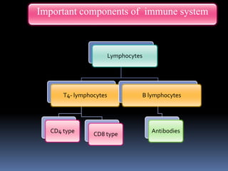 Lymphocytes
T4- lymphocytes
CD4 type CD8 type
B lymphocytes
Antibodies
Important components of immune system
 