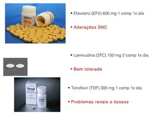 • Efavirenz (EFV) 600 mg 1 comp 1x dia
• Alterações SNC

• Lamivudina (3TC) 150 mg 2 comp 1x dia
• Bem tolerada

• Tenofovir (TDF) 300 mg 1 comp 1x dia
• Problemas renais e ósseos

 