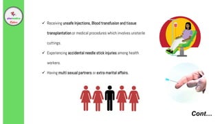 Cont…
 Receiving unsafe Injections, Blood transfusion and tissue
transplantation or medical procedures which involves unsterile
cuttings.
 Experiencing accidental needle stick injuries among health
workers.
 Having multi sexual partners or extra marital affairs.
 