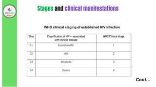 Cont…
Stages and clinical manifestations
Sl.no Classification of HIV – associated
with clinical disease
WHO Clinical stage
01 Asymptomatic 1
02 Mild 2
03 Advanced 3
04 Severe 4
WHO clinical staging of established HIV infection
 