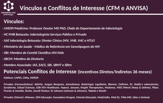 Vínculos e Conflitos de Interesse (CFM e ANVISA)
Vínculos:
- UNESP/Medicina: Professor Doutor MD PhD, Chefe do Departamento de Infectologia
- HC FMB Botucatu: Infectologista Serviços Público e Privado
- SAE Infectologia Botucatu: Diretor Clínico (HIV, VHB, VHC e HTLV)
- Ministério da Saúde - Médico de Referência em Genotipagem do HIV
- SBI: Membro do Comitê Científico HIV/Aids
- SBCM: Membro da Diretoria
- Membro Associado: IAS, EACS, SBI, SBMT e SBIm
Potenciais Conflitos de Interesse (Incentivos Diretos/Indiretos 36 meses)
Públicos: CAPES, CNPq, FAPESP.
Privados (Farmacêuticas): AbbVie, Amgen Bergamo, AstraZeneca, Boehringer Ingelheim, Blanver, Celltrion, Dr. Reddy’s Laboratories,
Eurofarma, Gilead Sciences, GSK-ViiV Healthcare, Hypera, Janssen, Knight Therapeutics, Moderna, MSD (Merck Sharp & Dohme), Pfizer,
Procter & Gamble, Roche, Sanofi Pasteur, SC Johnson (Johnson & Johnson), Takeda e Wyeth.
Privados (Outras): Atheneu, GEN Educação, Guanabara Koogan, Manole Educação, Medictalks, Med IQ, Tribe.MD, Uber e Unimed.
 