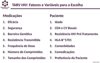 TARV HIV: Fatores e Variáveis para a Escolha
Medicações
1. Eficácia
2. Segurança
3. Barreira Genética
4. Resistência Transmitida
5. Frequência de Dose
6. Número de Comprimidos
7. Tamanho dos Comprimidos
Paciente
1. Idade
2. CD4 e CV Basais
3. Resistência HIV Pré-Tratamento
4. HLA-B*5701
5. Comorbidades
6. Comedicações
7. Preferência do Paciente
Slide do Autor
 