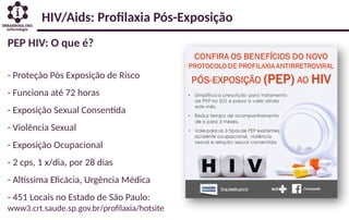 HIV/Aids: Profilaxia Pós-Exposição
PEP HIV: O que é?
- Proteção Pós Exposição de Risco
- Funciona até 72 horas
- Exposição Sexual Consentida
- Violência Sexual
- Exposição Ocupacional
- 2 cps, 1 x/dia, por 28 dias
- Altíssima Eficácia, Urgência Médica
- 451 Locais no Estado de São Paulo:
www3.crt.saude.sp.gov.br/profilaxia/hotsite
 