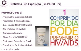 Profilaxia Pré-Exposição (PrEP Oral HIV)
PrEP HIV: O que é?
- Proteção Pré Exposição de Risco
- Populações ↑ Vulnerabilidade
- 1 cp, 1 x/dia: TDF/FTC (Truvada)
- Alta eficácia e efetividade
- Aprovado pela Anvisa
- Disponível pelo SUS (2018)
- Centros em Expansão no Brasil
- Consultórios Particulares/Privado
- Locais: aids.gov.br
 