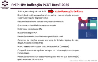PrEP HIV: Indicação PCDT Brasil 2025
Auto-Percepção de Risco
Fontes consultadas: Ministério da Saúde. PCDT PrEP HIV 2025.
 