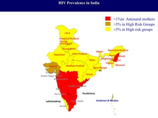 Pondichery
Gujarat
Karnataka
Goa
Lakshwadeep
Dadra Nagar Haveli
Maharashtra
Madhya Pradesh
Tamil Nadu
Andhra Pradesh
Punjab
Rajasthan
Daman & Diu
J & K
Haryana
Uttar Pradesh
Himachal Pradesh
Delhi
Chandigarh
Bihar
West Bengal
Orissa
Andaman & Nicobar
Mizoram
Meghalaya
Assam
Sikkim
Manipur
Tripura
Arunachal Pradesh
Nagaland
>1%in Antenatal mothers
>5% in High Risk Groups
<5% in High risk groups
HIV Prevalence in India
 