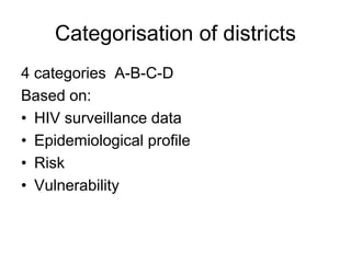 Categorisation of districts
4 categories A-B-C-D
Based on:
• HIV surveillance data
• Epidemiological profile
• Risk
• Vulnerability
 