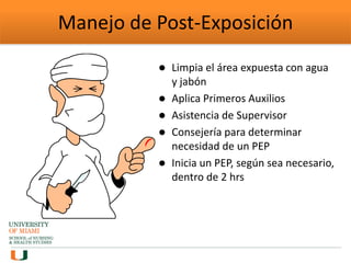 Manejo de Post-Exposición
 Limpia el área expuesta con agua
y jabón
 Aplica Primeros Auxilios
 Asistencia de Supervisor
 Consejería para determinar
necesidad de un PEP
 Inicia un PEP, según sea necesario,
dentro de 2 hrs
 