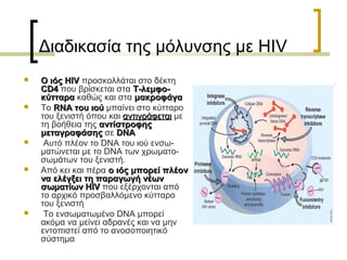Διαδικασία της μόλυνσης με HIV
 Ο ιός HIVΟ ιός HIV προσκολλάται στο δέκτη
CD4CD4 που βρίσκεται στα Τ-λεμφο-Τ-λεμφο-
κύτταρακύτταρα καθώς και στα μακροφάγαμακροφάγα
 Το RNA του ιούRNA του ιού μπαίνει στο κύτταρο
του ξενιστή όπου και αντιγράφεταιαντιγράφεται με
τη βοήθεια της αντίστροφηςαντίστροφης
μεταγραφάσηςμεταγραφάσης σε DNADNA
 Αυτό πλέον το DNA του ιού ενσω-
ματώνεται με το DNA των χρωματο-
σωμάτων του ξενιστή.
 Από κει και πέρα ο ιός μπορεί πλέονο ιός μπορεί πλέον
να ελέγξει τη παραγωγή νέωννα ελέγξει τη παραγωγή νέων
σωματίων HIVσωματίων HIV που εξέρχονται από
το αρχικό προσβαλλόμενο κύτταρο
του ξενιστή
 Το ενσωματωμένο DNA μπορεί
ακόμα να μείνει αδρανές και να μην
εντοπιστεί από το ανοσοποιητικό
σύστημα
 