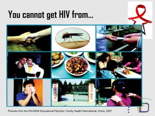 You cannot get HIV from…
Pictures from the HIV/AIDS Educational Flipchart, Family Health International, China, 2007
 