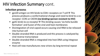 Marc Imhotep Cray, M.D.
HIV Infection Summary cont.
Infection process
 gp120 antigen on HIV binds to CD4+ receptors on T ...