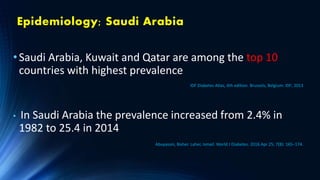 Epidemiology; Saudi Arabia
•Saudi Arabia, Kuwait and Qatar are among the top 10
countries with highest prevalence
IDF Diabetes Atlas, 6th edition. Brussels, Belgium: IDF; 2013
• In Saudi Arabia the prevalence increased from 2.4% in
1982 to 25.4 in 2014
Abuyassin, Bisher. Laher, Ismail. World J Diabetes. 2016 Apr 25; 7(8): 165–174.
 