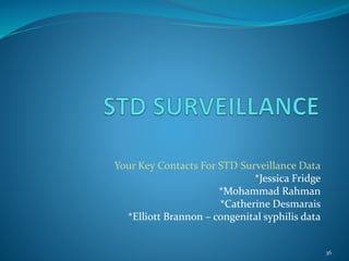 Your Key Contacts For STD Surveillance Data
*Jessica Fridge
*Mohammad Rahman
*Catherine Desmarais
*Elliott Brannon – congenital syphilis data
36
 