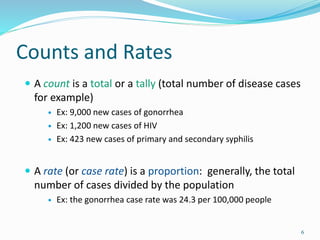 Counts and Rates
 A count is a total or a tally (total number of disease cases
for example)
 Ex: 9,000 new cases of gonorrhea
 Ex: 1,200 new cases of HIV
 Ex: 423 new cases of primary and secondary syphilis
 A rate (or case rate) is a proportion: generally, the total
number of cases divided by the population
 Ex: the gonorrhea case rate was 24.3 per 100,000 people
6
 