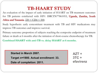 TB-HAART STUDY <ul><li>An evaluation of the impact of early initiation of HAART on TB treatment outcomes for TB patients c...