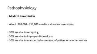 Pathophysiology
• Mode of transmission
• About 378,000 - 756,000 needle sticks occur every year.
• 30% are due to recapping,
• 30% are due to improper disposal, and
• 30% are due to unexpected movement of patient or another worker
 