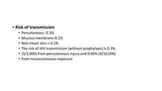 • Risk of transmission
• Percutaneous- 0.3%
• Mucous membrane-0.1%
• Non-intact skin-< 0.1%
• The risk of HIV transmission (without prophylaxis) is 0.3%
• (3/1,000) from percutaneous injury and 0.09% (9/10,000)
• from mucocutaneous exposure
 