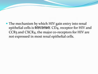 The mechanism by which HIV gain entry into renal epithelial cells is UNKNOWN. CD4, receptor for HIV and CCR5 and CXCR4, the major co-receptors for HIV are not expressed in most renal epithelial cells.