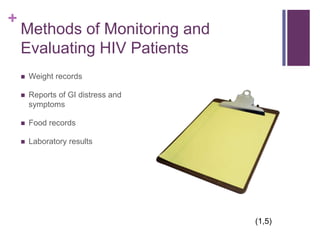 The fat redistribution syndrome in patients infected with HIV: Measurements of body shape abnormalitiesGerrior J, Kantaros J, Coakley E, Albrecht M, Wanke C. The Fat Redistribution Syndrome in Patients Infected with HIV: Measurements of Body Shape Abnormalies. J Am Diet Assoc. 2001;101:1175-1180.Objective:To document the body shape and metabolic abnormalities of fat redistribution syndromeSubjects: 39 patients90% on protease inhibitors22% women and 26% men had CD4 counts <200Methods:Medication recordsExercise habitsWaist circumferenceHip circumferenceWaist/hip ratioChest circumferenceMid-arm and Mid- thigh circumferenceLab results used from primary physicians(9)
