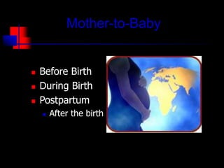 Mother-to-Baby
 Before Birth
 During Birth
 Postpartum
 After the birth
 
