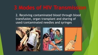 3 Modes of HIV Transmission
2. Receiving contaminated blood through blood
transfusion, organ transplant and sharing of
used/contaminated needles and syringes
 
