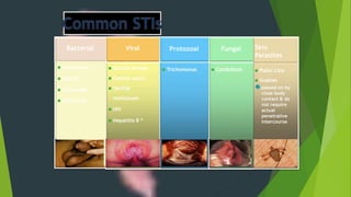  Trichomonas
 Genital herpes
 Genital warts
 Genital
molluscum
 HIV
 Hepatitis B *
 Gonorrhea
 Syphilis
 Chlamydia
 Chancroid
Protozoal
Viral
Bacterial
 Candidiasis
Skin
Parasites
Fungal
 Pubic Lice
 Scabies
passed on by
close body
contact & do
not require
actual
penetrative
intercourse
 