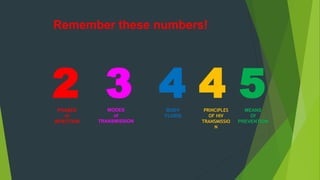 Remember these numbers!
2 3 4 4 5
PHASES
of
INFECTION
MODES
of
TRANSMISSION
BODY
FLUIDS
MEANS
Of
PREVENTION
PRINCIPLES
OF HIV
TRANSMISSIO
N
 