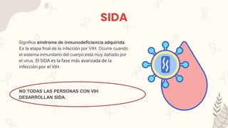 SIDA
Significa síndrome de inmunodeficiencia adquirida.
Es la etapa final de la infección por VIH. Ocurre cuando
el sistema inmunitario del cuerpo está muy dañado por
el virus. El SIDA es la fase más avanzada de la
infección por el VIH.
NO TODAS LAS PERSONAS CON VIH
DESARROLLAN SIDA.
 