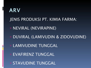 ARV JENIS PRODUKSI PT. KIMIA FARMA: NEVIRAL (NEVIRAPINE) DUVIRAL (LAMIVUDIN & ZIDOVUDINE) LAMIVUDINE TUNGGAL EVAFIRENZ TUNGGAL STAVUDINE TUNGGAL 